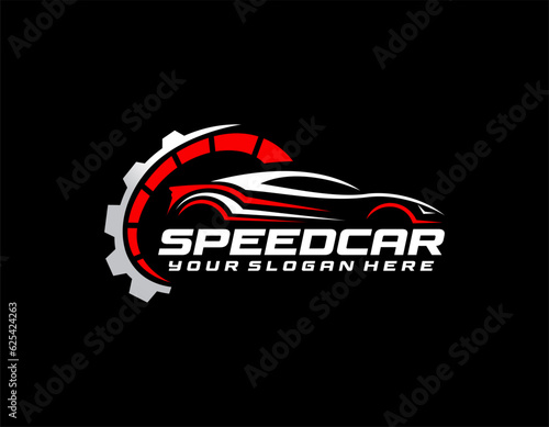 Auto style car logo design with concept sports vehicle icon silhouette on light grey background. Vector illustration.