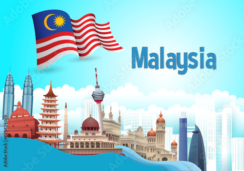 Vector design Ilustration of city of Malaysia landmark, Kuala Lumpur and flag. Malaysia Travel concept.