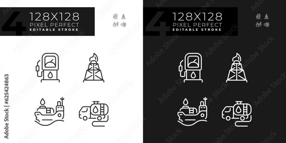 Energy sector linear icons set for dark, light mode. Oil and gas exploration. Global trade. Petroleum industry. Thin line symbols for night, day theme. Isolated illustrations. Editable stroke