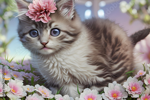 a fluffy kitten. a curly kitten with flowers. Generative AI © Gyeongsuk
