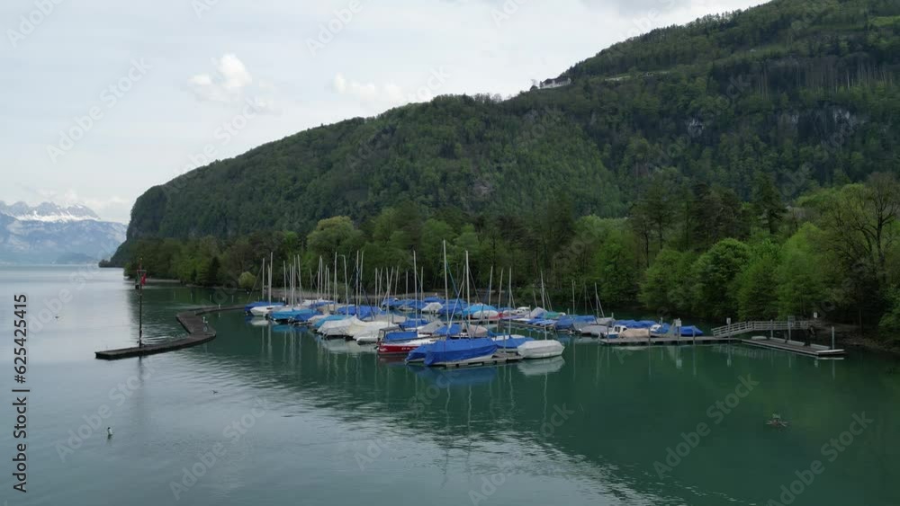 Boats moored on lake basin. In the background hills and mountains. Switzerland. Fixed view Boats moored on lake basin. In the background hills and mountains. Switzerland. Fixed view