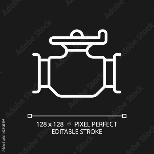 Pipeline valve white linear icon for dark theme. Piping system. Flow control. Oil production. Pressure regulator. Thin line illustration. Isolated symbol for night mode. Editable stroke