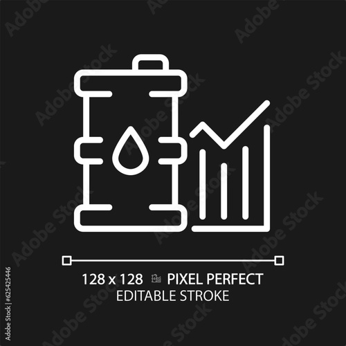 Oil industry analytics white linear icon for dark theme. Supply and demand. Petroleum company. Oil market. Energy trading. Thin line illustration. Isolated symbol for night mode. Editable stroke