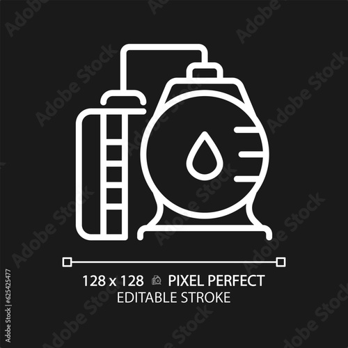 Oil refinery white linear icon for dark theme. Power plant. Petroleum product. Chemical industry. Energy production. Thin line illustration. Isolated symbol for night mode. Editable stroke