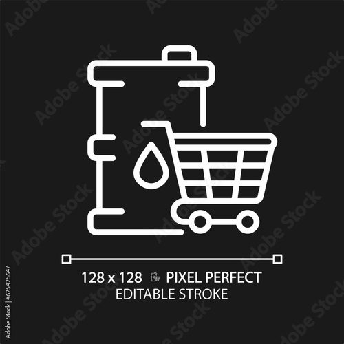 Oil market white linear icon for dark theme. Energy policy. Global economics. Stock exchange. Gas and oil industry. Thin line illustration. Isolated symbol for night mode. Editable stroke
