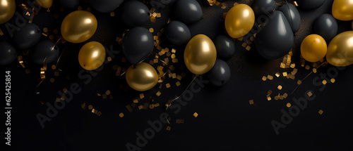 holidays background with black,golden balloons, confetti, sparkles, lights. Anniversary. Banner for birthday, party, Topp view. Flat lay. Generative Ai.