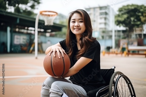 Disabled japanese woman playing basketball in a wheelchair. AI generative