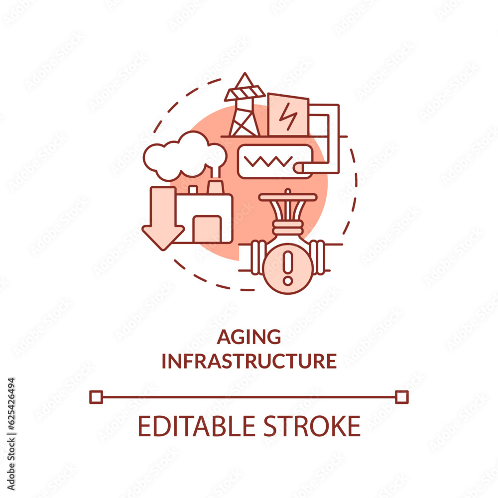 Editable aging infrastructure linear concept, isolated vector, red thin line icon representing carbon border adjustment.