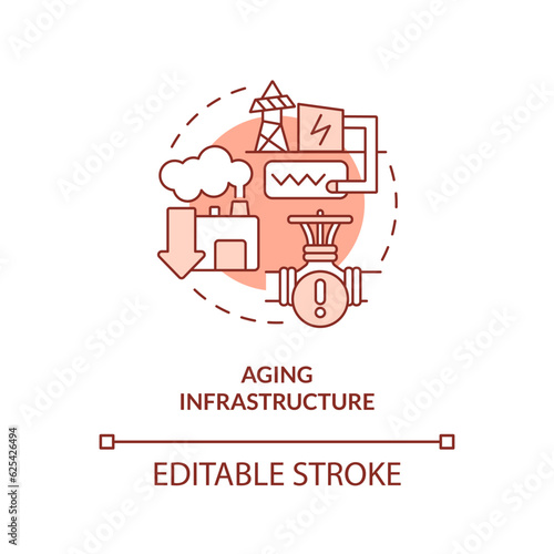 Editable aging infrastructure linear concept, isolated vector, red thin line icon representing carbon border adjustment.