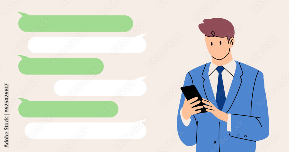 Business person using smartphone, message balloon Business person using smartphone, message balloon