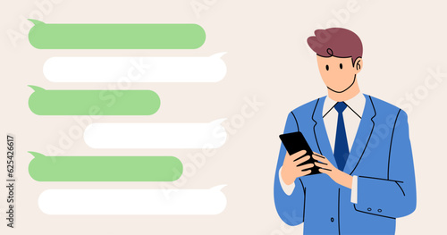 Business person using smartphone, message balloon