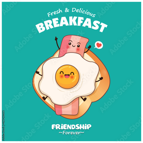 Vintage food poster design with vector egg, bacon and toast characters.