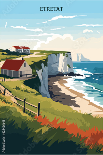 France Etretat village ocean shore landmarks view brochure. Colorful beach summer vector flat poster for Normandy region with nature