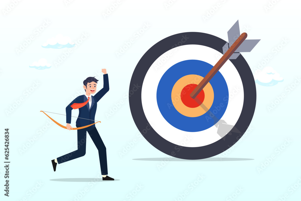 Cheerful businessman archery shot arrow to hit big target, achieve target, reach goal or success male entrepreneur, aiming to hit bullseye target concept (Vector) Cheerful businessman archery shot arrow to hit big target, achieve target, reach goal or success male entrepreneur, aiming to hit bullseye target concept (Vector)