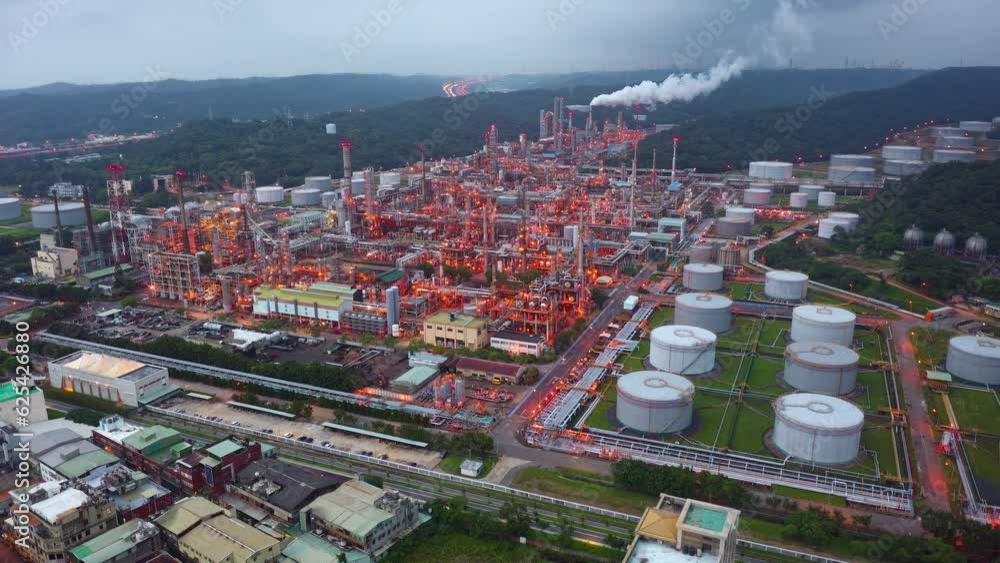 Aerial hyperlapse over a CPC oil refinery plant in a petrochemical ...