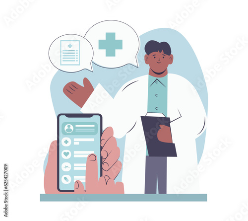 American doctor ready to help patient online. Patients choose doctor and communicates via video call with health care provider. Online medical consultation concept. Flat vector illustration