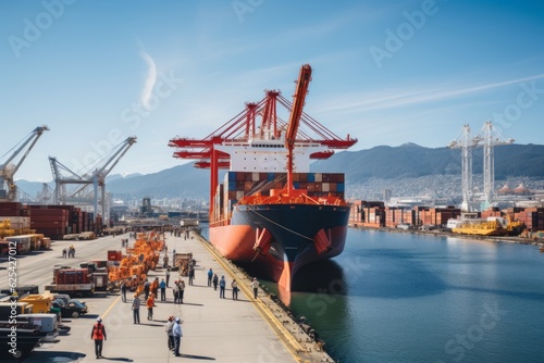Cargo Ship Docked At A Busy Port, Generative AI