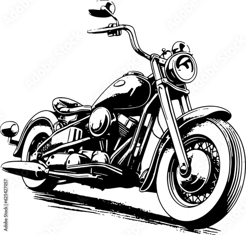 Retro motorcycle, black and white detailed vector illustration isolated without backdrop, chopper. Icon of a stylish vintage motorbike with details for decoration and design without a background 