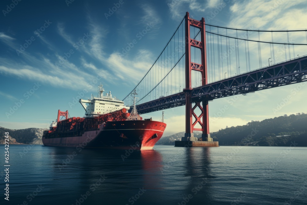 Cargo Ship Passing Under A Towering Suspension Bridge, Generative AI