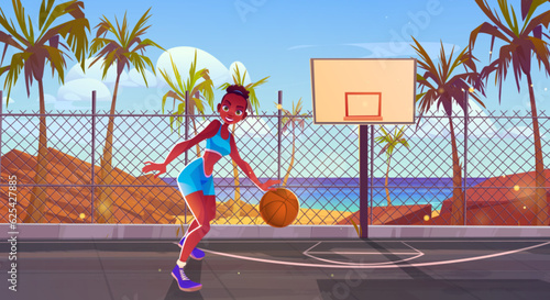 Girl play basketball on street court beach and sea vector background. Basket ball game stadium on ocean shore view. City sport competition arena with african american black skin woman