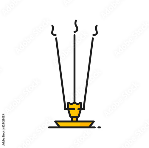 Three burning korean incense stick, jainism religion icon. Vector aroma burning sticks with smoke. Buddhist indian sticks for meditation and relaxation