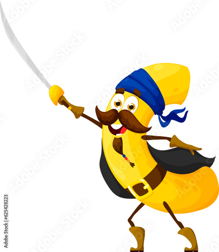 Cartoon macaroni italian pasta pirate character. Italian cuisine meal privateer funny personage, tasty noodle filibuster or macaroni pasta corsair pirate isolated vector comical mascot with saber