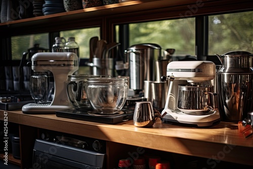 Various kitchen appliances are placed on the counter in the household.