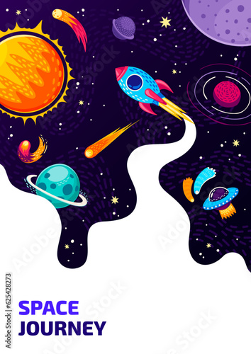 Space flyer. Cartoon spaceship, UFO and space stars, galaxy planets, comets and meteors with vector background of dark starry sky. Astronomy science, galaxy cosmos travel and planetarium themes