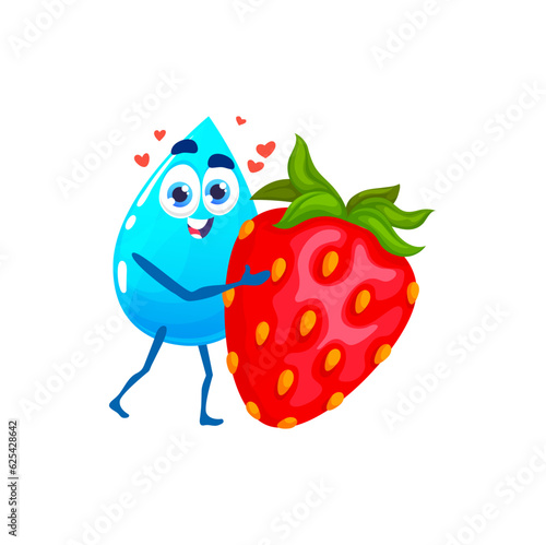 Cartoon happy water drop character with strawberry. Pure aqua drip, natural berries watering, healthy nutrition or clean fresh water droplet isolated vector happy personage, comical mascot