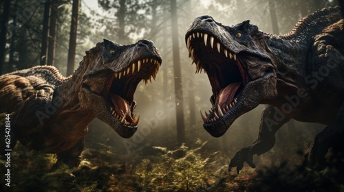 Tyrannosaurus rex is roaring in forest and light beam © sirisakboakaew