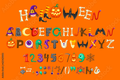 Cartoon Halloween font type or typeface alphabet, vector horror scary and spooky monsters as letters. Halloween text font or alphabet of creepy ghost, happy evil and ABC words of bones and pumpkins