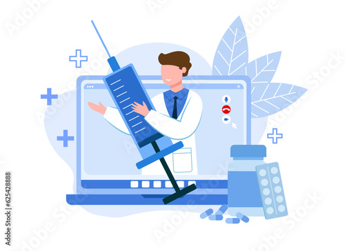 Male holding syringe and talking with patient via laptop. Professional doctor consulting remotely. Providing medical advice to patient. Flat vector illustration in blue colors in cartoon style