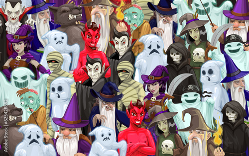 Find a unique halloween character game. Kids vector educational task search cartoon personage among ghosts, zombie, witches, werewolf or wizard, devil, vampire or mummy. Children riddle quiz or puzzle