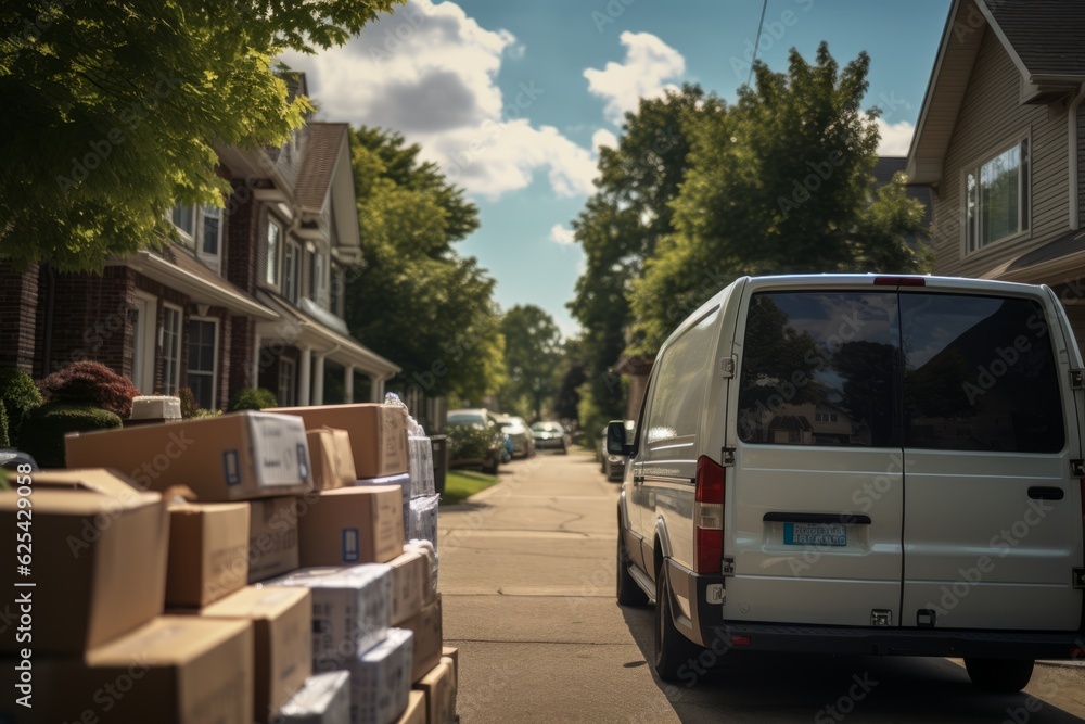 Delivery Van Loaded With Packages Parked Outside Neighbourhood, Generative AI