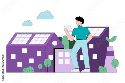 Male holding document and controlling process of installing solar panels and wind turbines in residential areas. Green energy source in everyday life. Flat vector illustration in purple colors