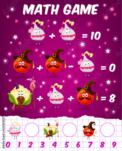 Math game worksheet cartoon tomato, garlic and cauliflower wizards. Vector mathematics riddle for children count how many fantasy vegetable characters educational and learning arithmetic puzzle task