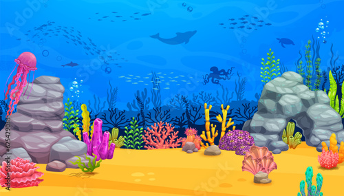Cartoon underwater landscape with fish shoal silhouettes and seaweeds. Ocean or sea animals and plants scene, underwater life vector background with seaweed, corals and octopus, jellyfish, dolphin