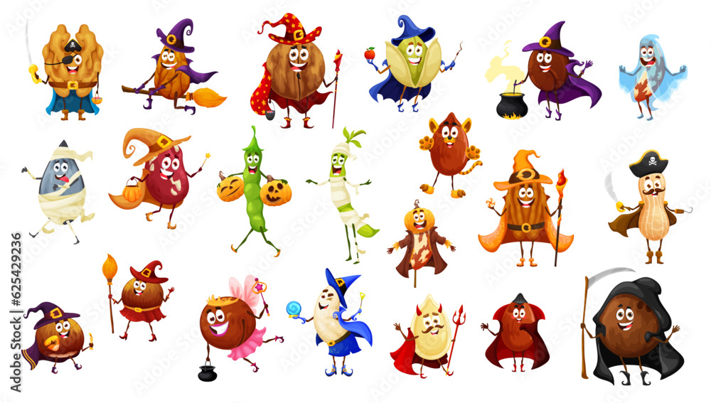 Fototapeta premium Cartoon Halloween nuts and beans characters as witch wizard and monster, vector holiday icons. Funny cute walnut zombie, hazelnut vampire and kidney bean monster with peanut pirate on Halloween party