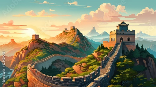 Fotografia Beautiful landscape of the Great Wall of China, a famous Chinese landmark with postcards or travel posters, Vector illustrations