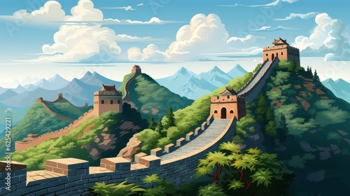 Beautiful landscape of the Great Wall of China, a famous Chinese landmark with postcards or travel posters, Vector illustrations. © sirisakboakaew