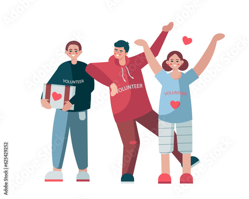 Male holding box with aid, man and lady happy to help. Support volunteer movement. Happy volunteers working together. Activists are invited to join charity. Flat vector illustration in cartoon style