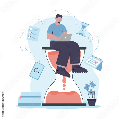 Man with laptop sitting on hourglass and working. Multinational people managing their time effectively to meet deadline. Wise timing concept. Flat vector illustration in cartoon style