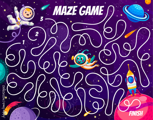 Labyrinth maze, help to kid astronaut to find a spaceship at starry galaxy. Vector quiz game worksheet. Help spaceman to find way to space rocket on galaxy with alien UFO and stars on labyrinth maze