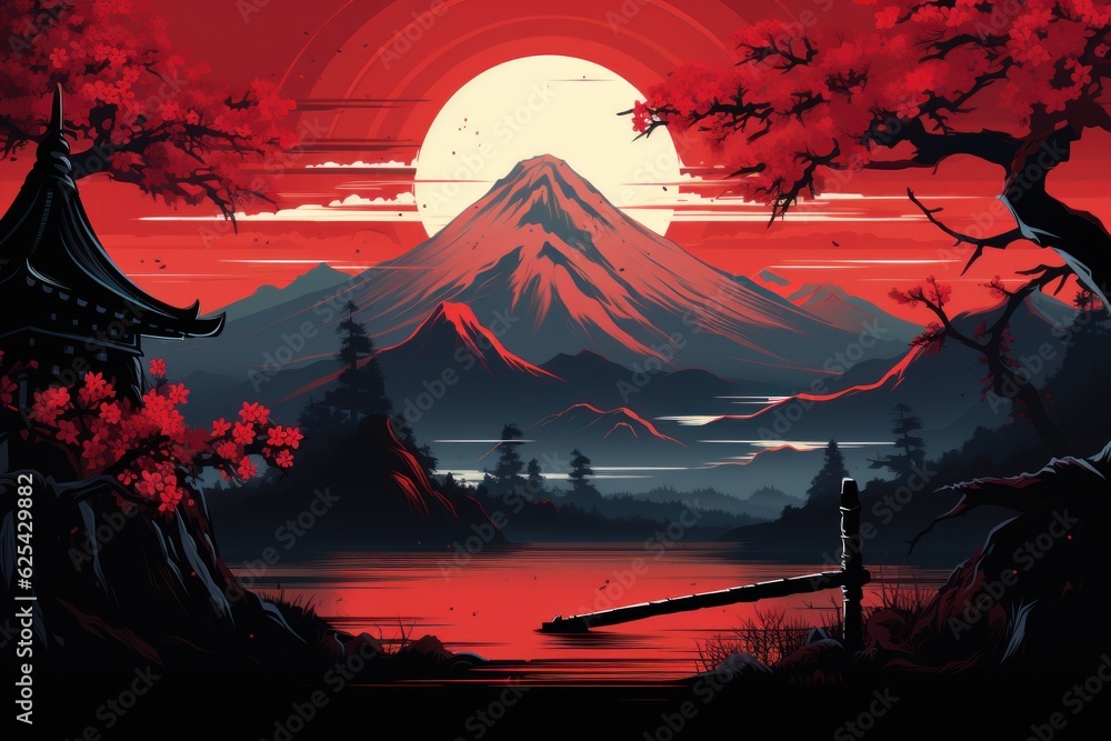 Japanese art with the ancient design of samurai training sword near emperor castle, vector