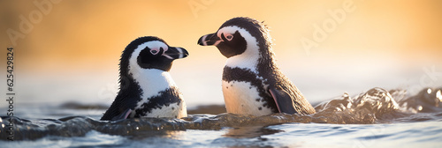 Closeup of two isolated cute humboldt penguins on blurred beach background, conversation between the water birds, symbolic animal concept with copy space with Generative AI technology.