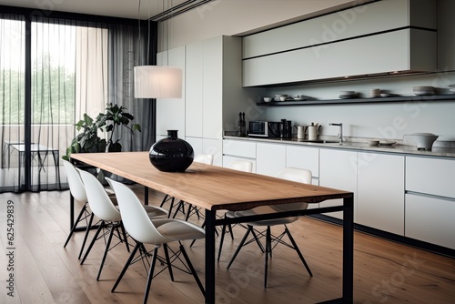 A modern kitchen with a table that has no objects or items on it.