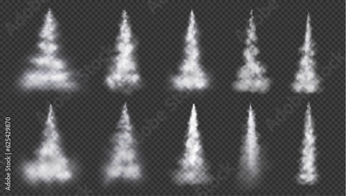 Realistic smoke trails set isolated on transparent background. Vector illustration of condensation aircraft lines in sky, missile launch contrail, rocket flight, space mission, aviation speed effect