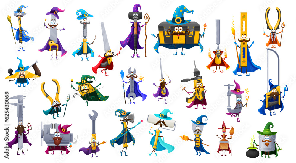Cartoon tools wizard and warlock characters. Vector wallpaper roll, axe, drill, file or fretsaw, ruler pliers, jigsaw and planer, vice, trowel, tape measure, hammer or sledgehammer fantasy mages set