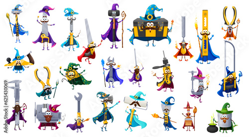 Cartoon tools wizard and warlock characters. Vector wallpaper roll, axe, drill, file or fretsaw, ruler pliers, jigsaw and planer, vice, trowel, tape measure, hammer or sledgehammer fantasy mages set