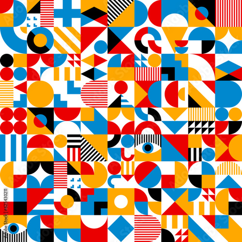 Bauhaus elements seamless pattern of geometric shapes grid, vector background. Bauhaus pattern or Scandinavian and Swiss modern or retro art elements and colors in mosaic tile or minimal pattern
